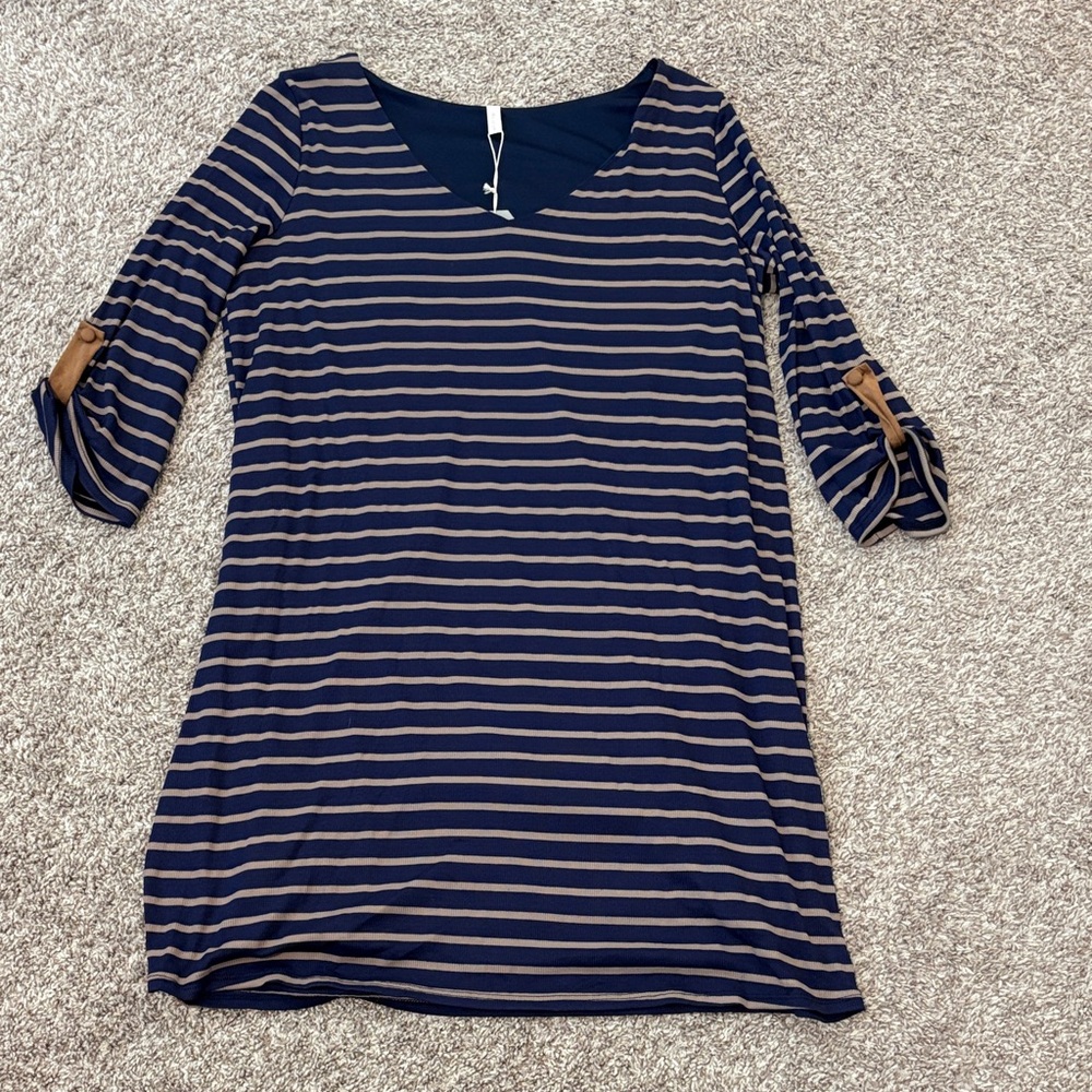 Pinkblush Striped Long Sleeve Dress in Navy and Tan